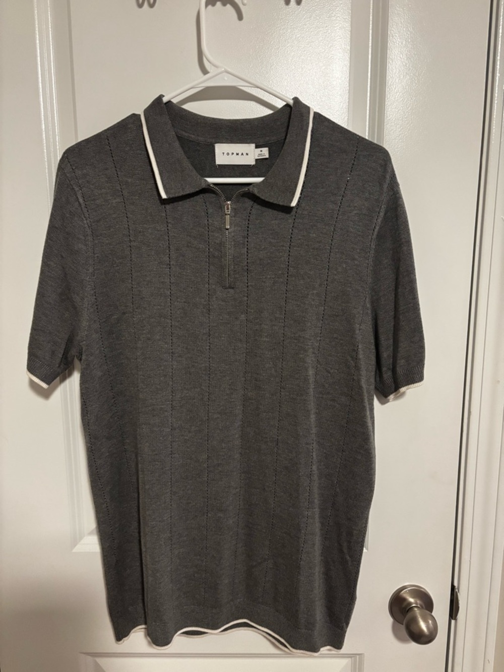 Topman Charcoal Gray Short-Sleeve Zip Polo with White Trim